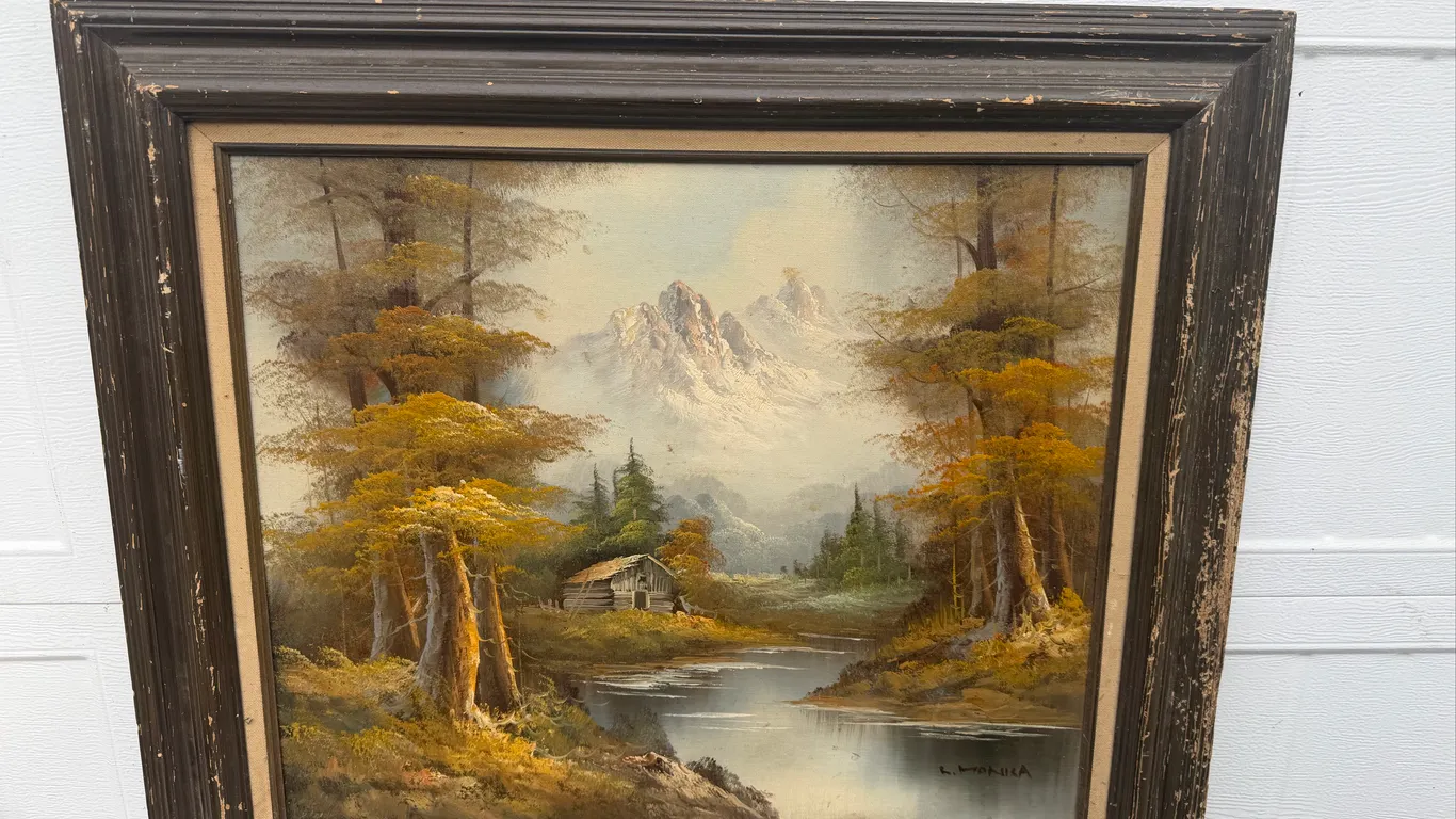 Signed Mountain Cabin Lake Oil Painting