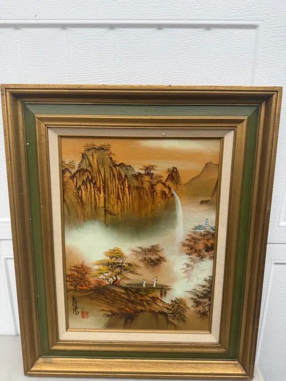 Signed Asian Mountain Waterfall Painting
