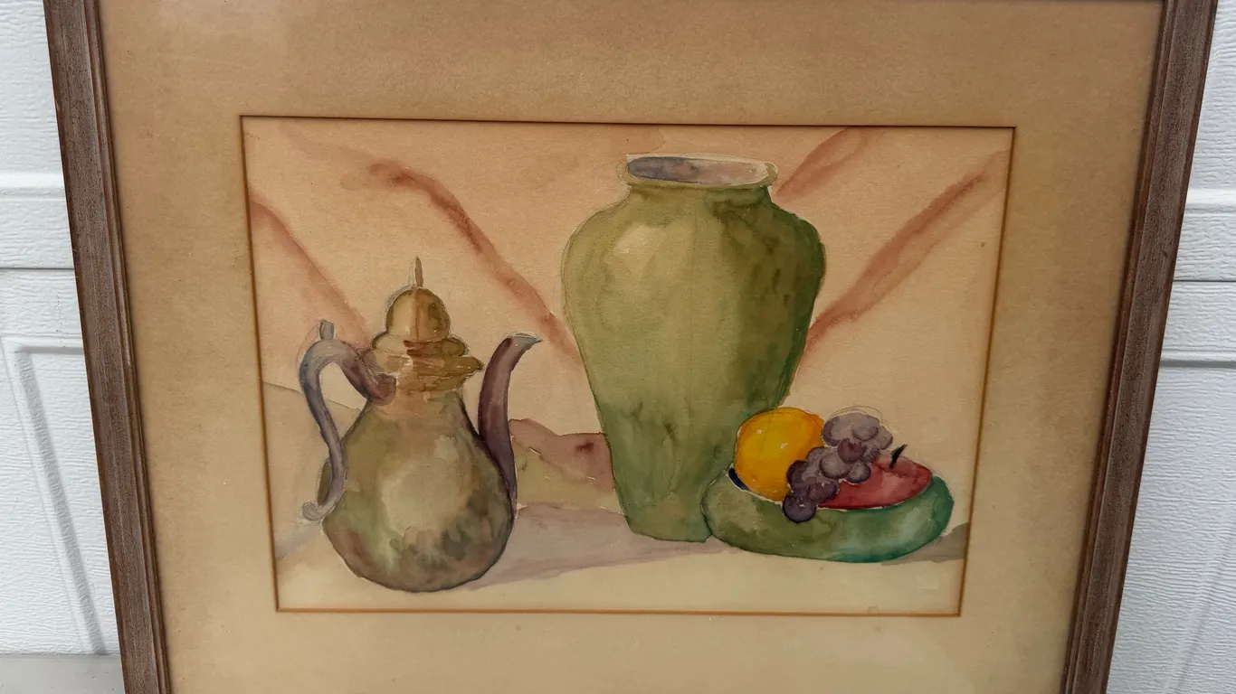 Framed Watercolor Still Life Vase Fruit Teapot