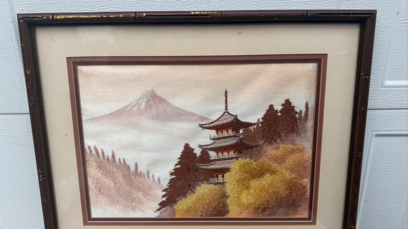 Framed Japanese Pagoda Mt Fuji Embroidered Art