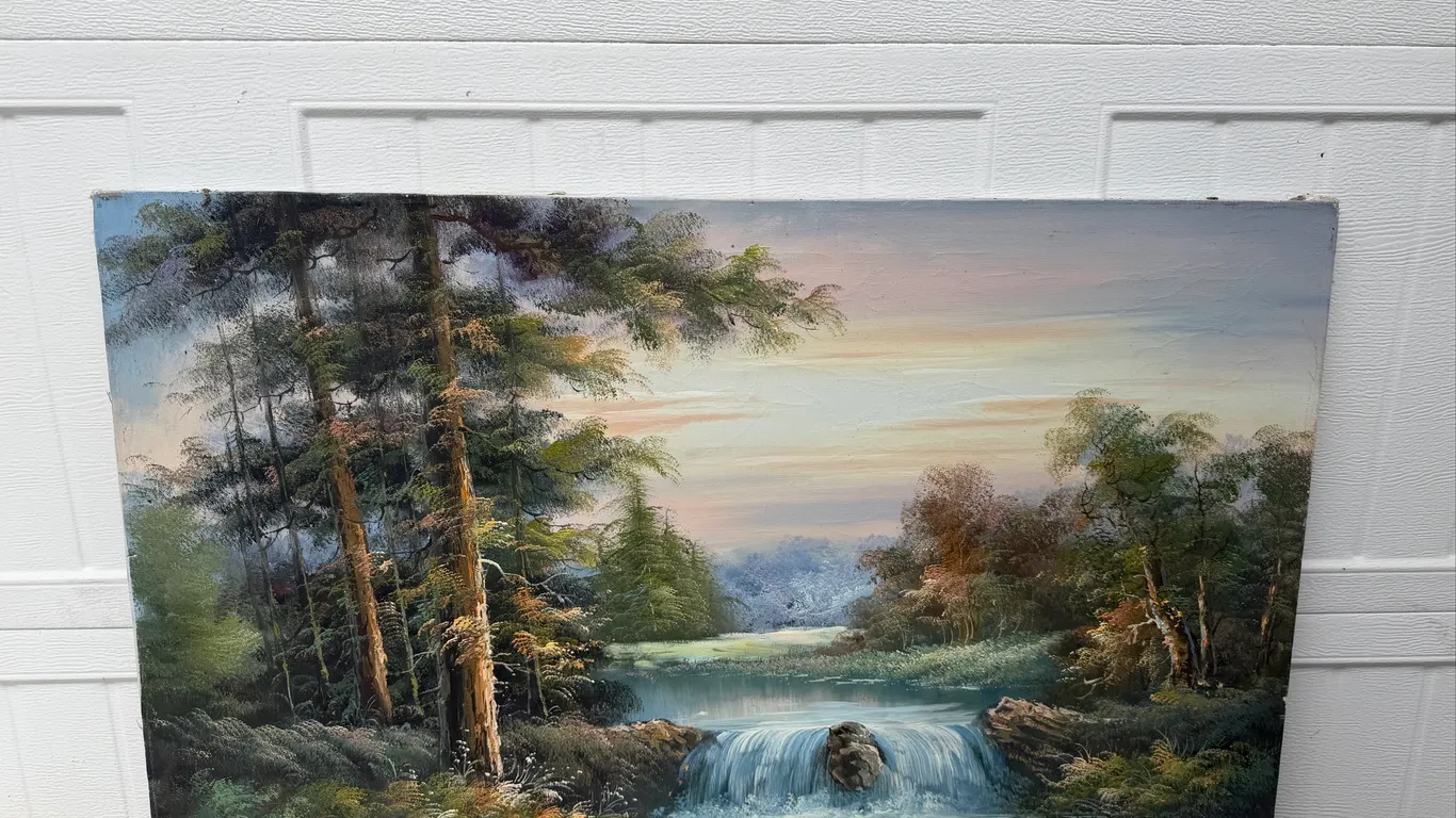 Original Oil Painting Forest Waterfall Landscape