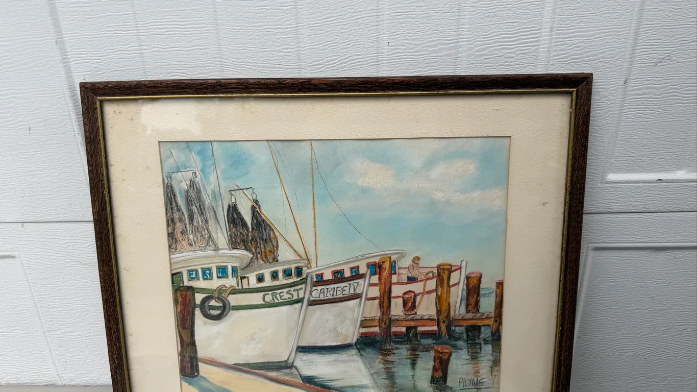 Signed Alyce Harbor Boats Mixed Media Artwork