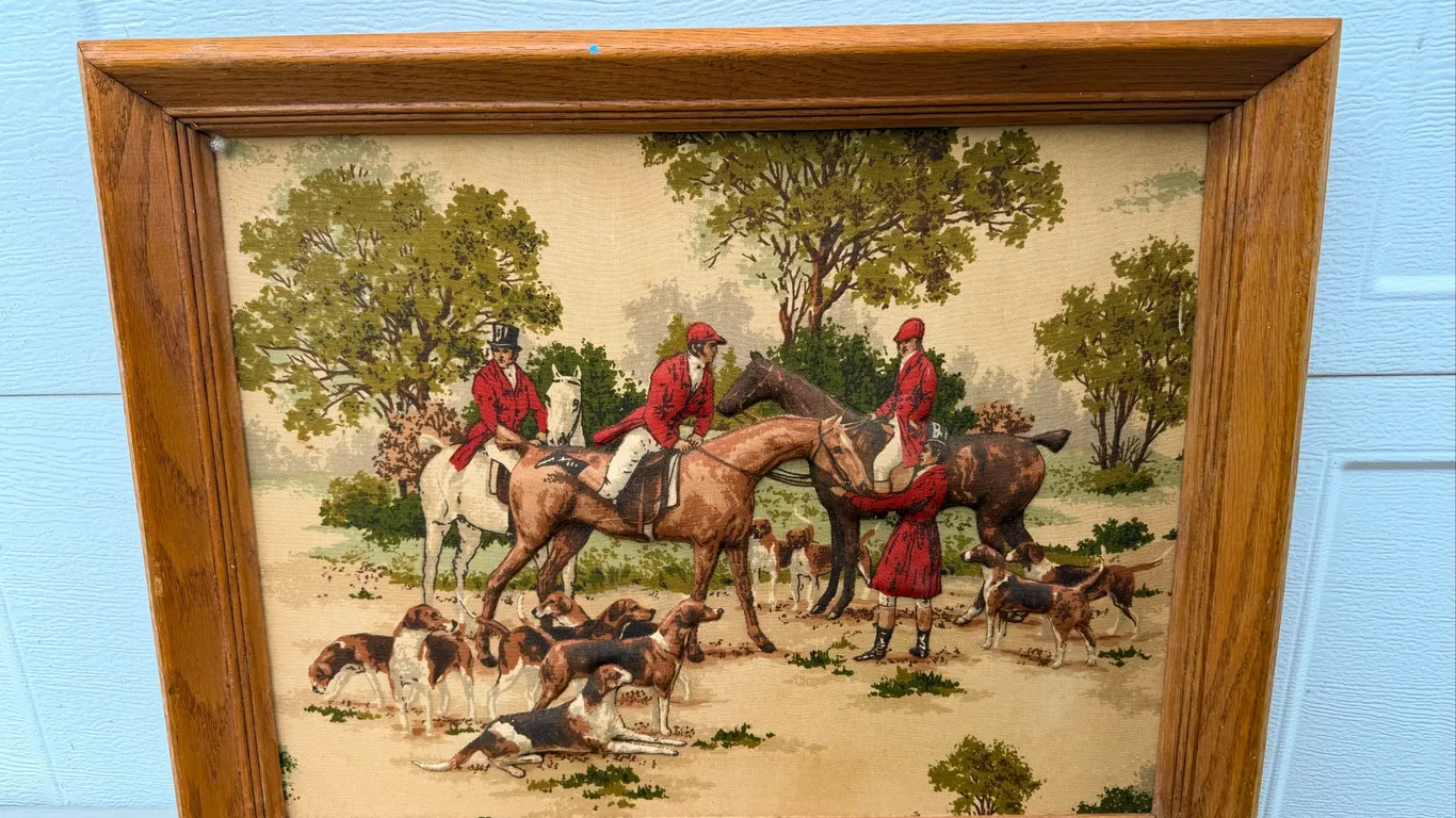 Vintage Fox Hunt Horses & Hounds Fabric Art