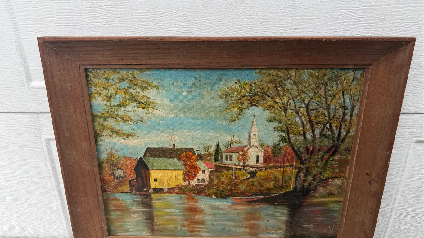 Signed Autumn Village Landscape Painting