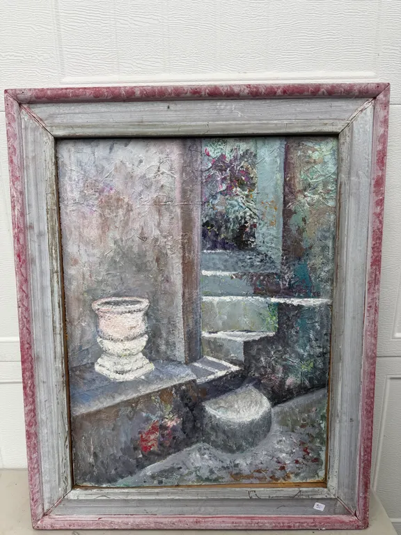 Framed Textured Courtyard Scene Painting