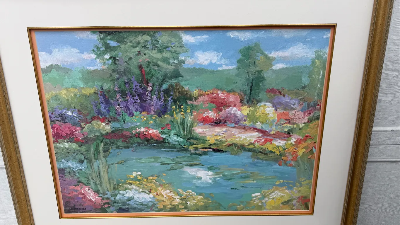 Signed Impressionist Garden Pond Painting