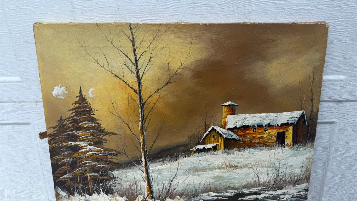 Signed Winter Barn Landscape Oil Painting