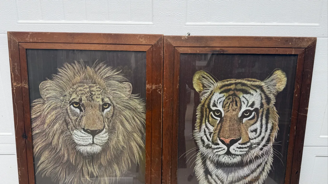 M Brice Signed Lion & Tiger Framed Art Pair