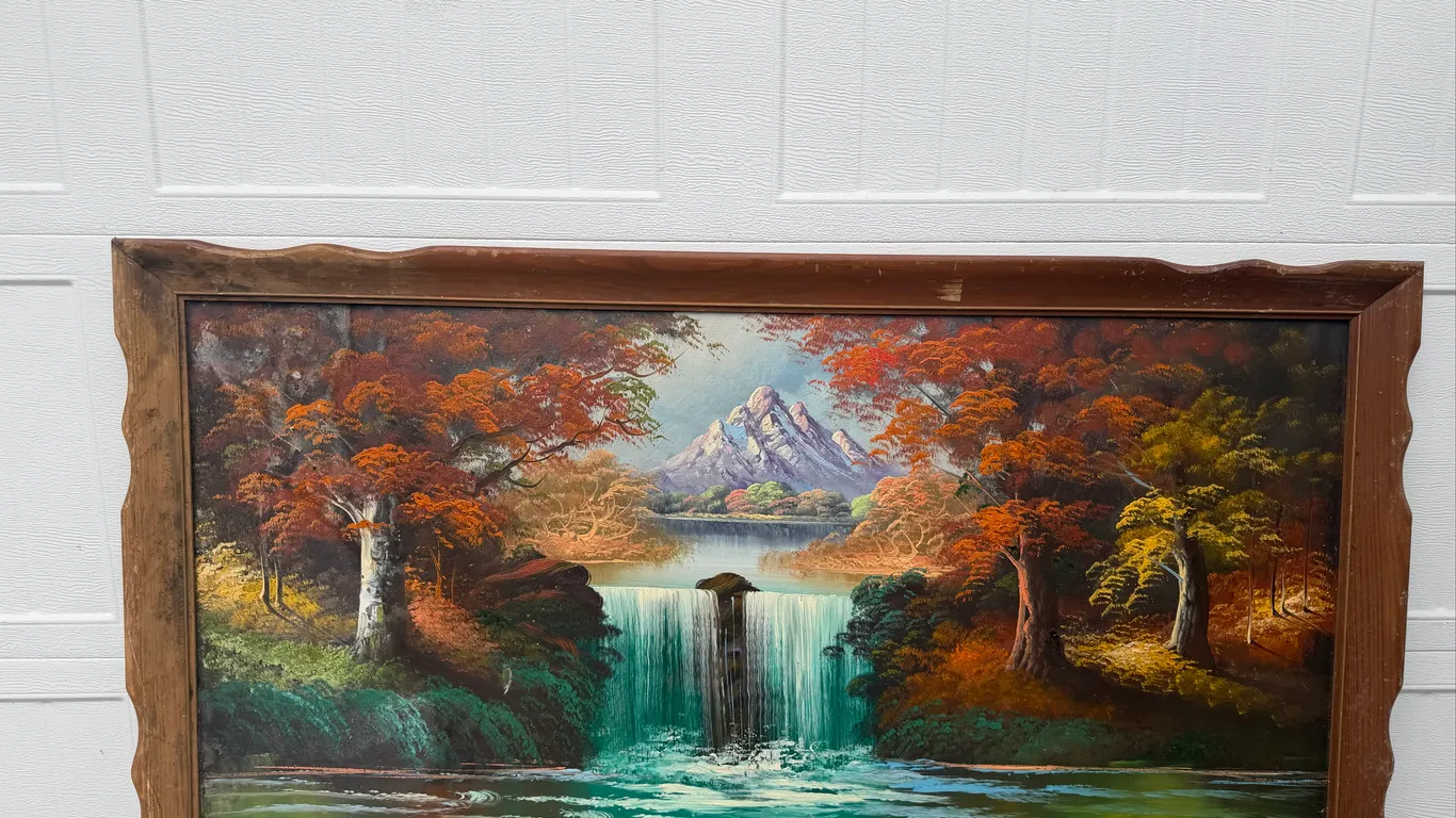 Signed Mountain Waterfall Landscape Painting