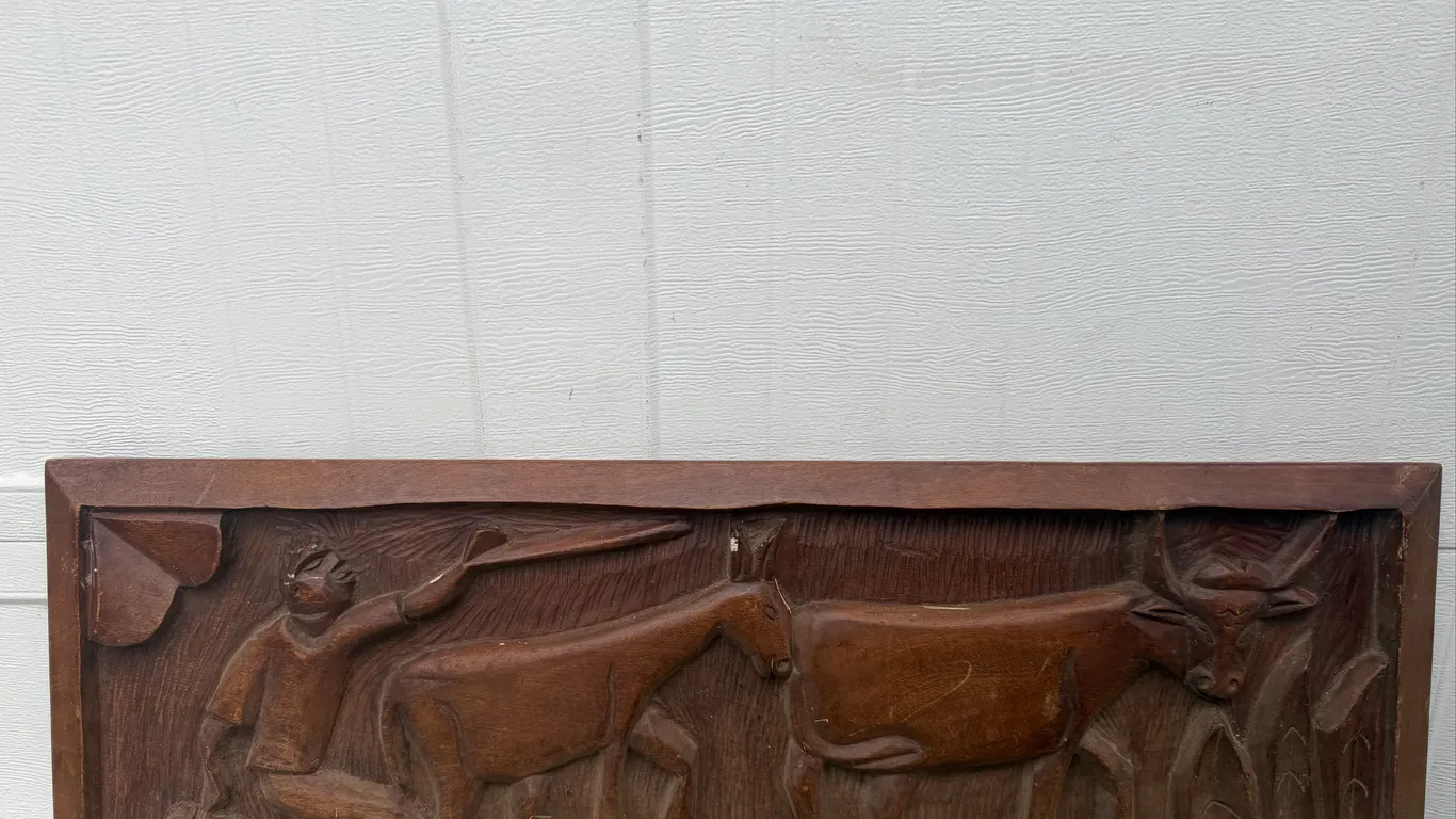 Relief-Carved Wood Village Farming Wall Panel