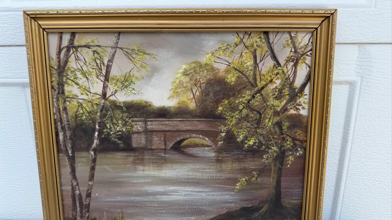 Signed C. Ware Stone Bridge Landscape Oil Painting