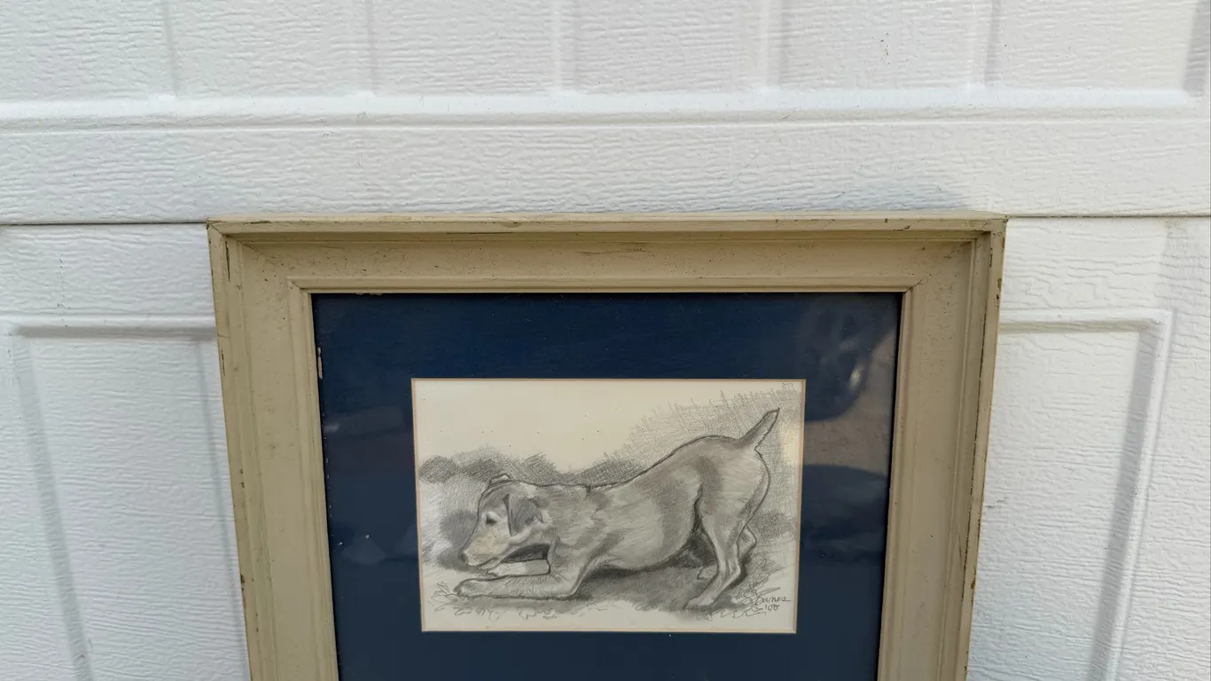 Signed Barnes Dog Pencil Drawing Framed