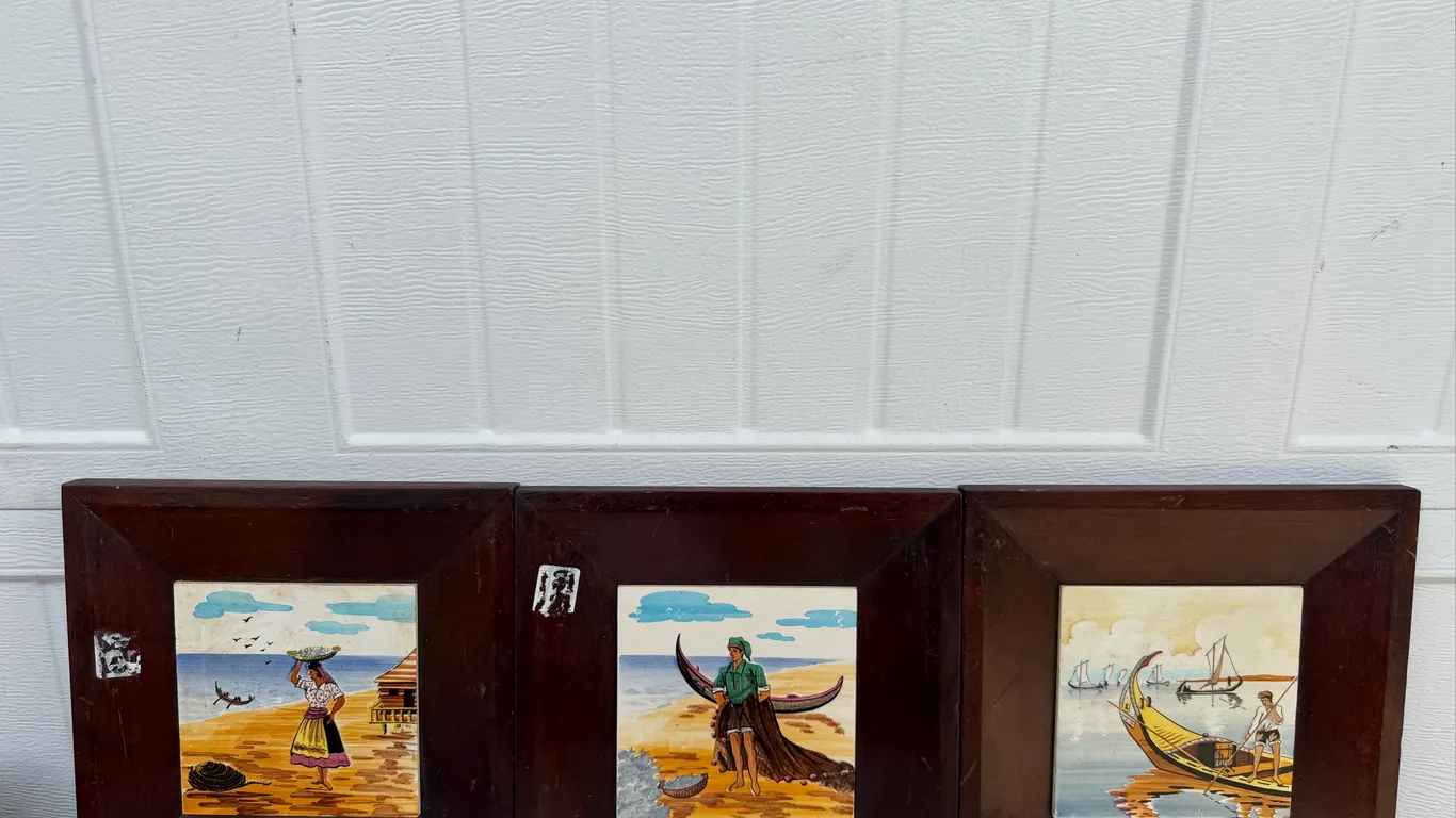Set of 3 Framed Coastal Village Scene Tiles