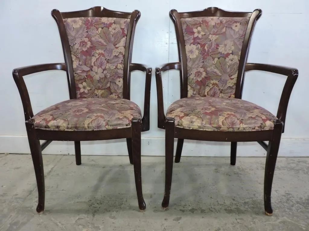 2 UPHOLSTERED DARK WOOD ARMCHAIRS