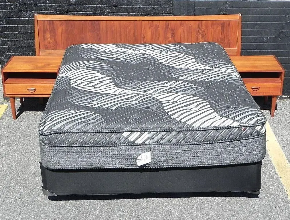MCM TEAK HEADBOARD, 2 NIGHT STANDS, QUEEN MATTRESS