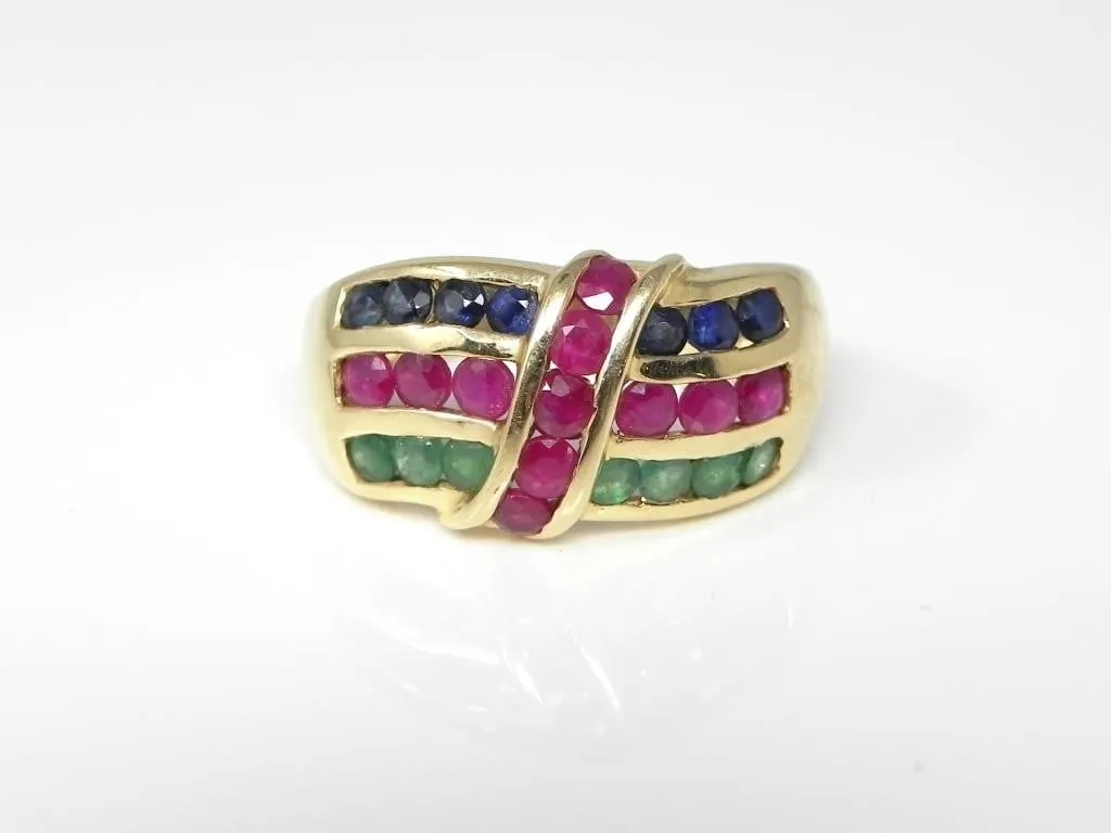 14KT GOLD, RUBY, EMERALD, & SAPPHIRE RING $2650.00