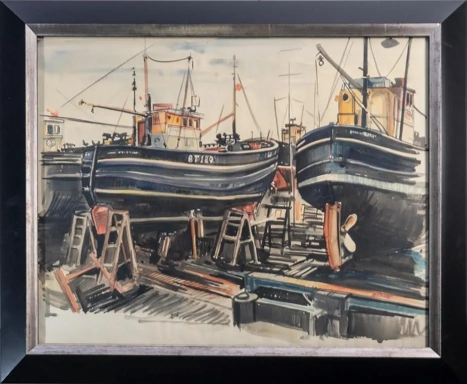 J.R. STEWART DRY DOCK TRAWLERS WATERCOLOUR