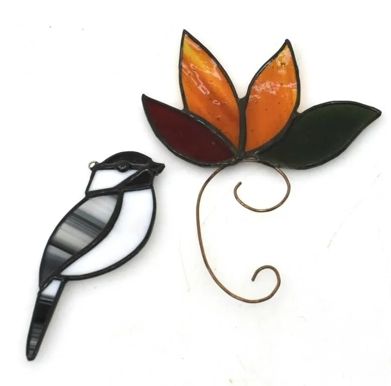 STAINED GLASS BIRD AND WILD FLOWER