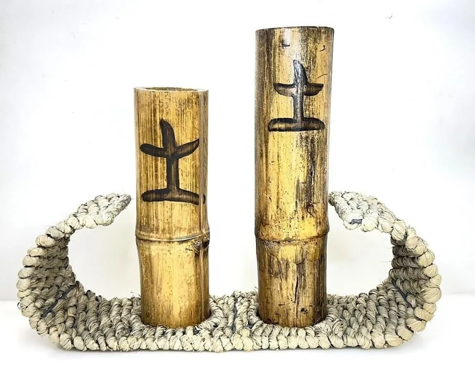 2 BAMBOO STALK "EARTH" VASES IN WOVEN BASE
