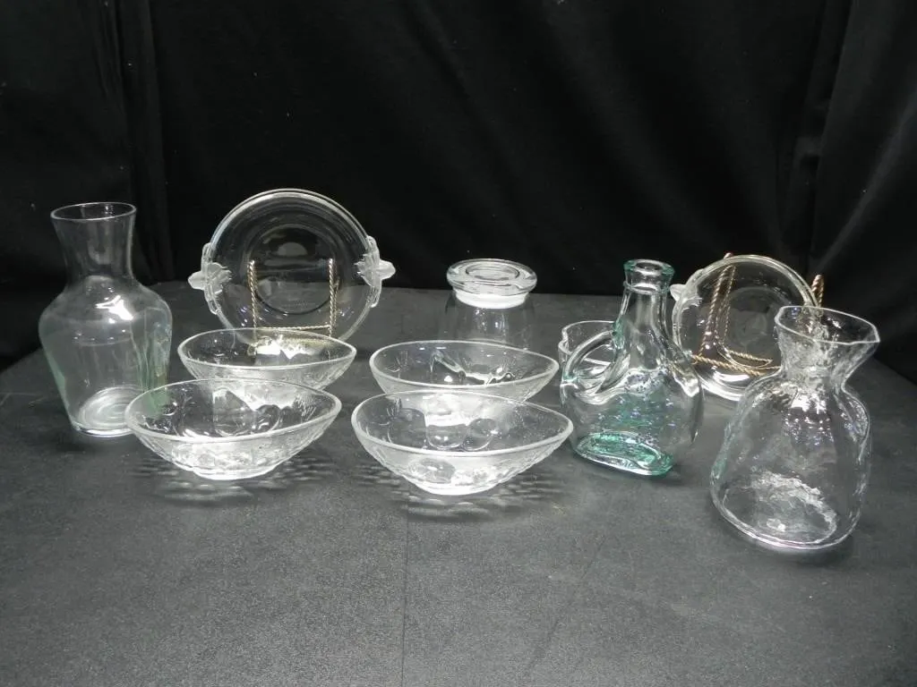 ASSORTED GLASS JARS, BOWLS, VASES