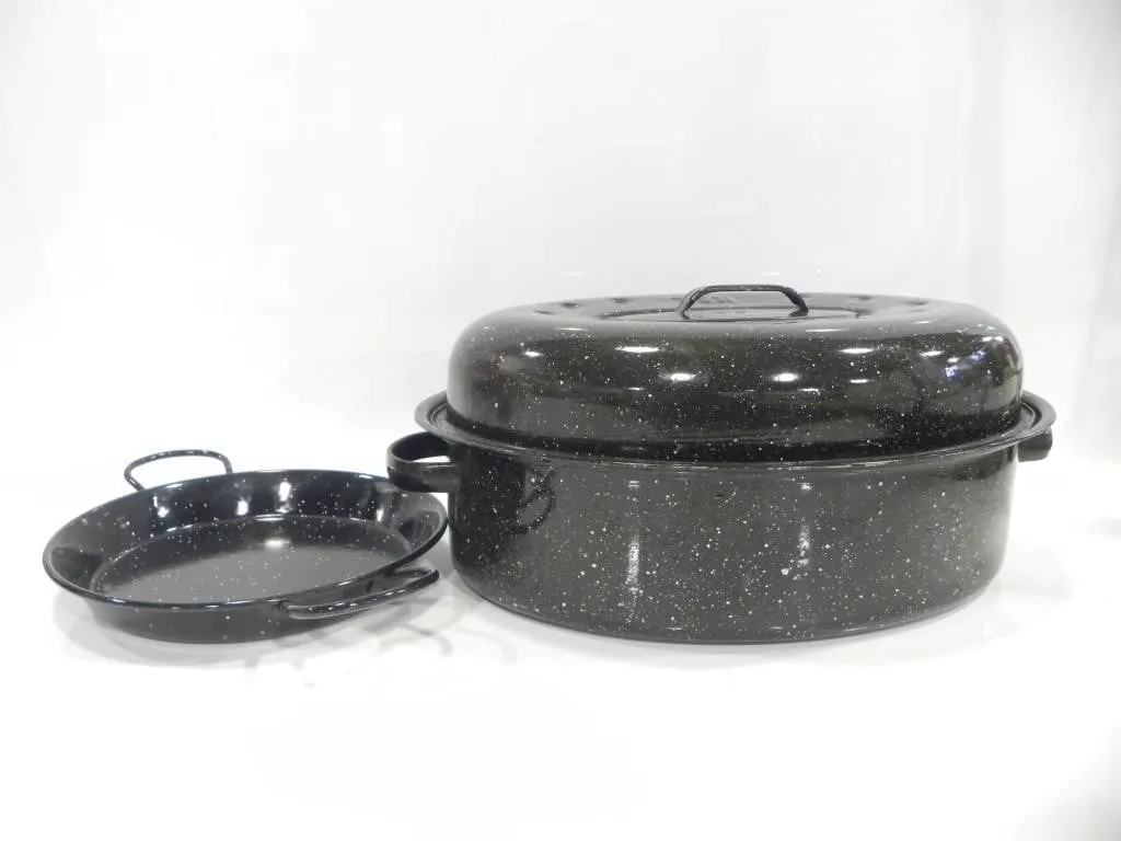 GRANITEWARE COVERED ROASTER AND ENAMELED PAN