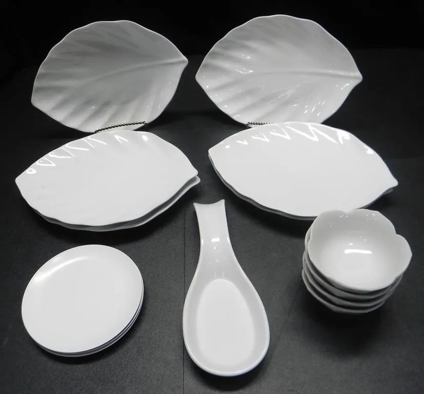 WHITE CERAMIC TABLEWARE W/ BOWLS, SPOON