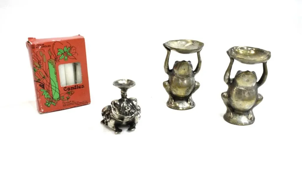 TRIO OF METAL FROG CANDLESTICKS W/ 9 CANDLES