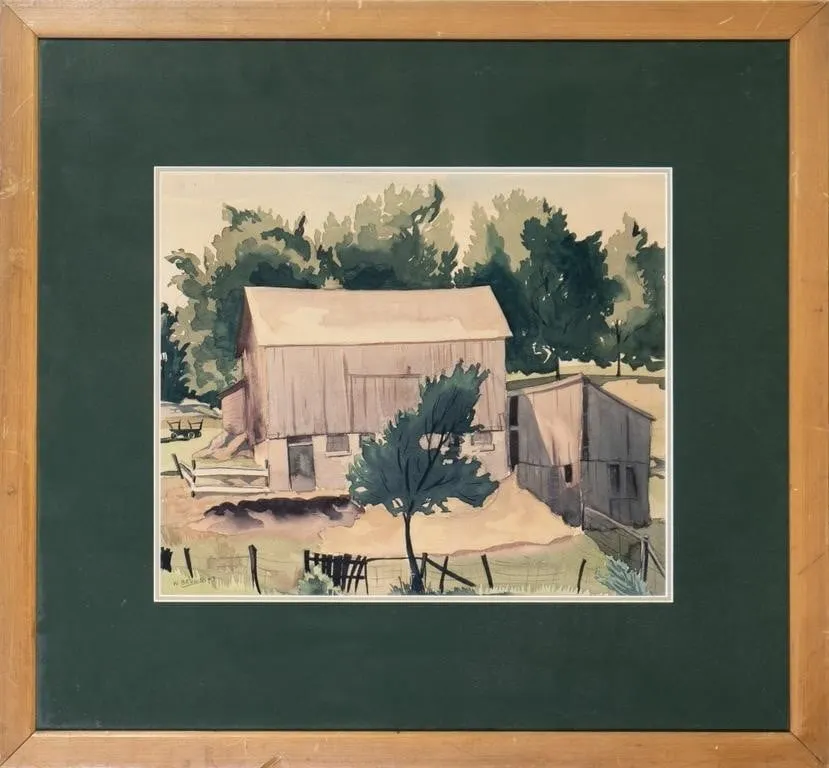 W. BROWN RURAL BARN WATERCOLOUR 1943