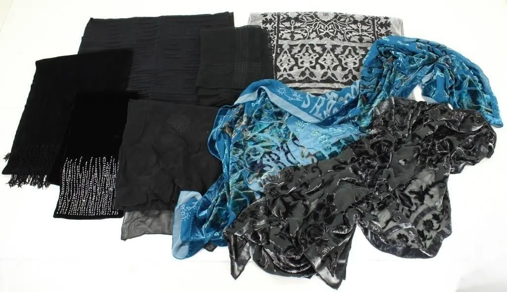 LADIES BLACK & SHEER PATTERNED VELOUR NECK SCARVES