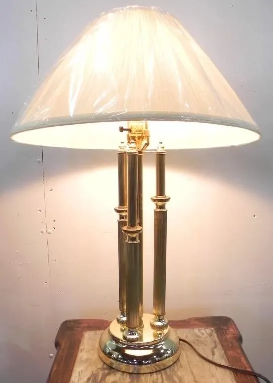 BRASS 3 COLUMN TABLE LAMP WITH CREAM PLEATED SHADE