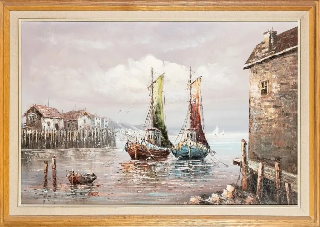 OMER HARBOUR FISHING BOATS OIL PAINTING
