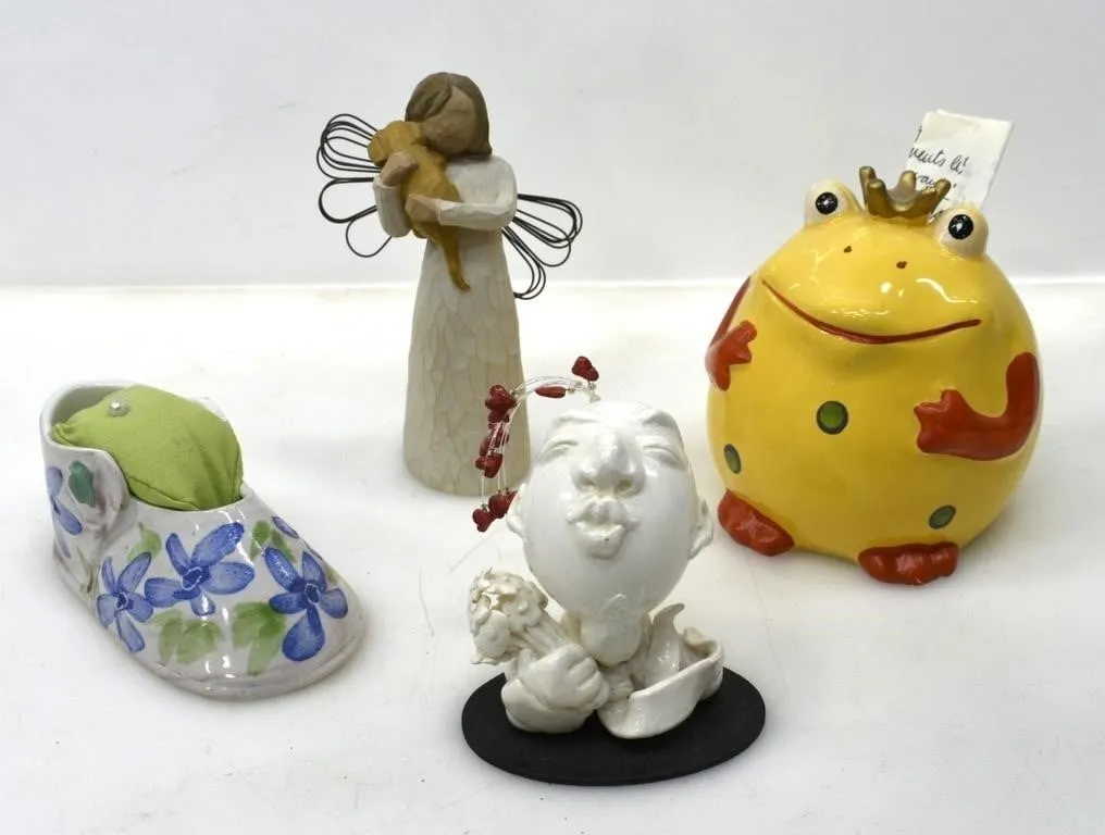 CERAMIC PIN CUSHION, ANGEL, FROG AND A KISS