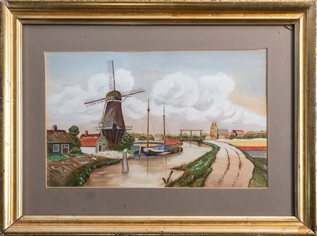 DUTCH CANAL SCENE WITH WINDMILL WATERCOLOUR