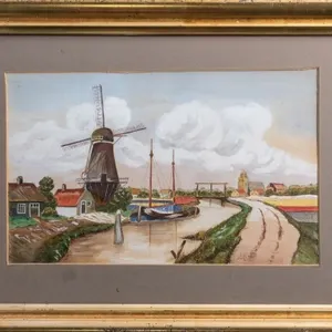 DUTCH CANAL SCENE WITH WINDMILL WATERCOLOUR
