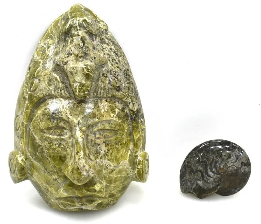 CARVED DECORATIVE STONE MASK + GONIATITE FOSSIL