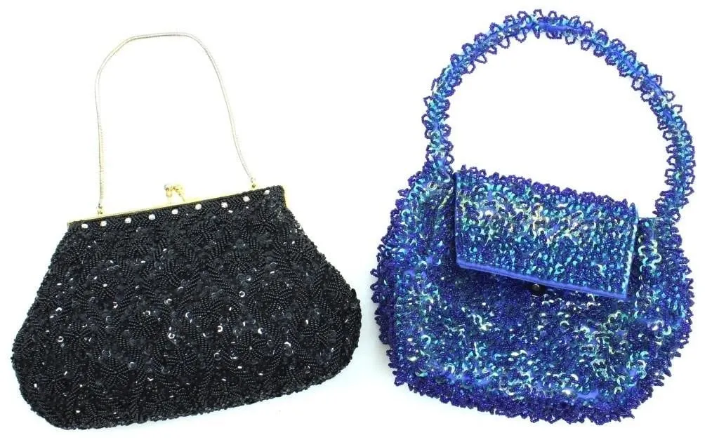 TWO BLACK & ROYAL BLUE BEADED LADIES' HANDBAGS