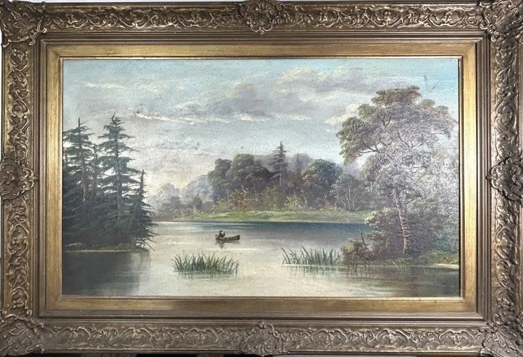 CANOEIST ON A LAKE OIL ON CANVAS PAINTING