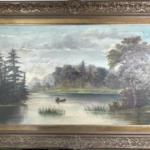 CANOEIST ON A LAKE OIL ON CANVAS PAINTING