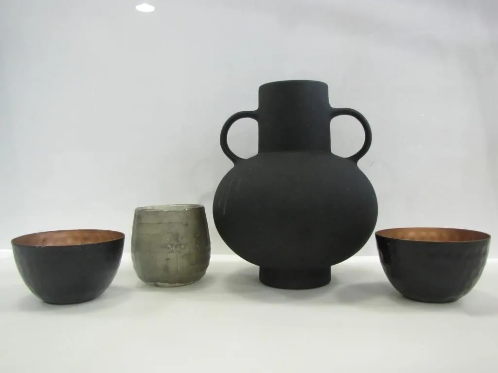 CERAMIC VASE; METALLIC BOWLS; CANDLE HOLDER.CUP