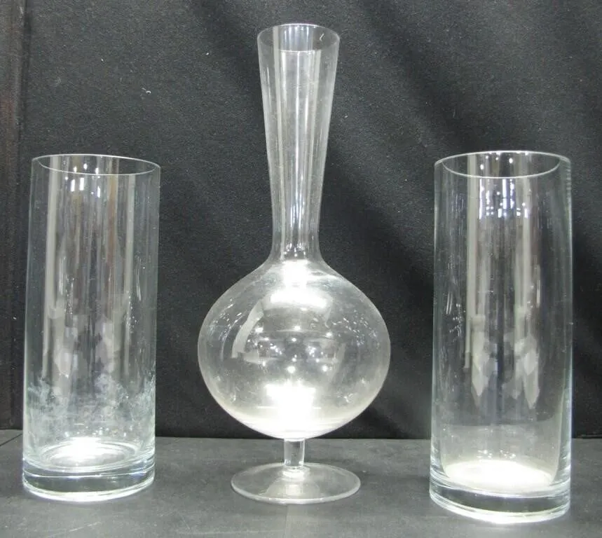 2 GLASS CYLINDRICAL VASES, 1 DECANTER