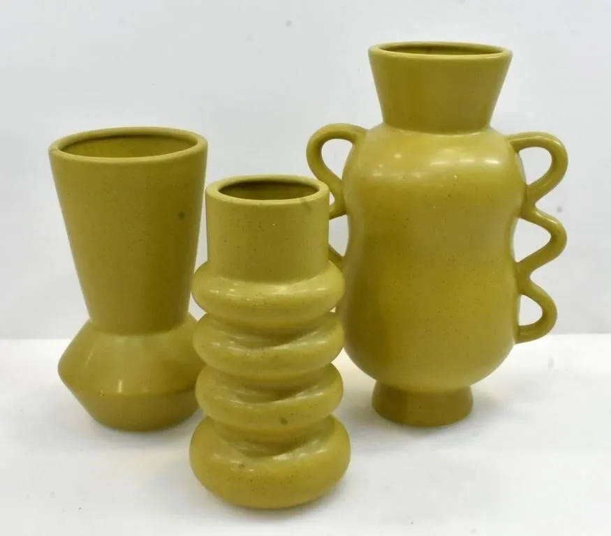 SPECKLED CHARTREUSE CERAMIC VASE TRIO