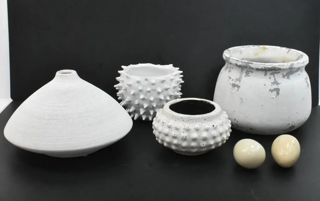 WHITE ON WHITE DECORATIVE FLOWER POTS & VASE
