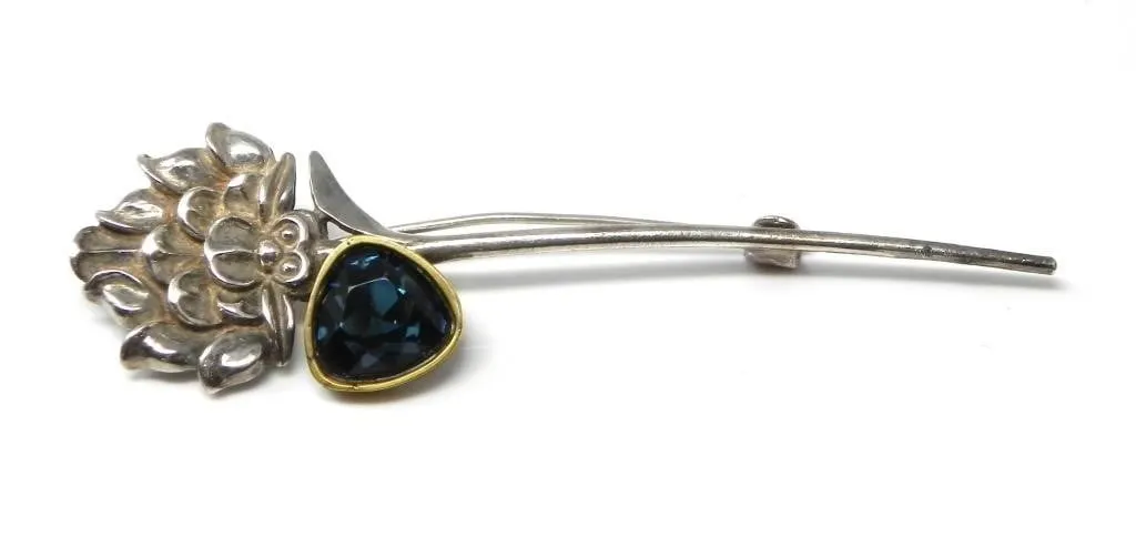925 SILVER FLOWER & RHINESTONE BROOCH 10.4g