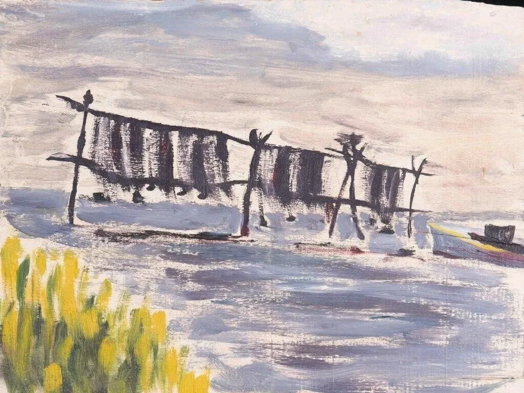 AMERICAN MODERNIST COASTAL OIL, FISHING NETS, 1946