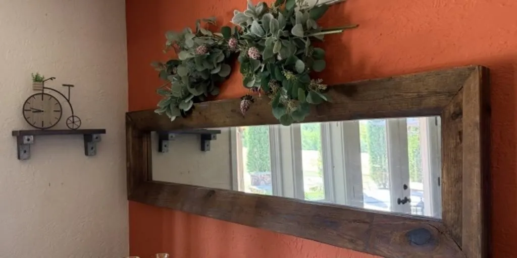 Thick Wooden Framed Mirror, Artificial Flowers,