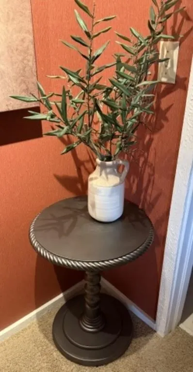 Round Spindle Side Table, Vase w/ Artificial Plant