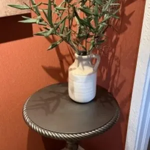 Round Spindle Side Table, Vase w/ Artificial Plant