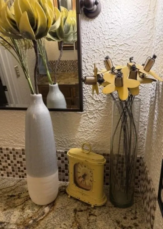 Tabletop Clock, Vase w/ Artificial Plant, Vase