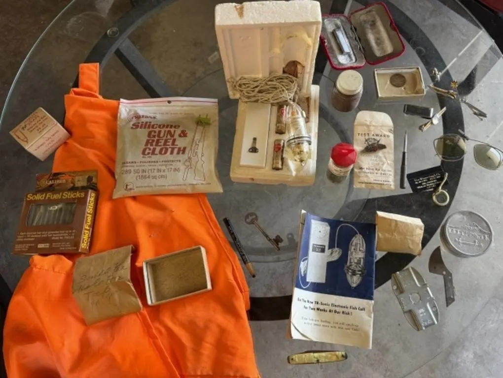 Hunting Vest, Pocket Knife, Pins, Gun & Reel