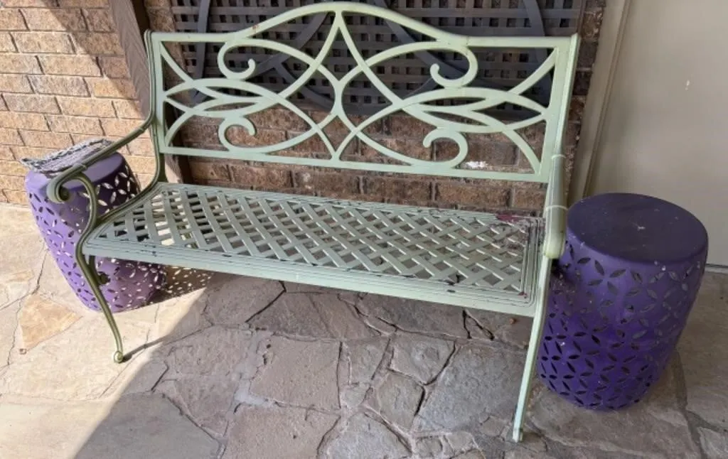 Metal Garden Bench, 2 Metal Drum Style Side Table